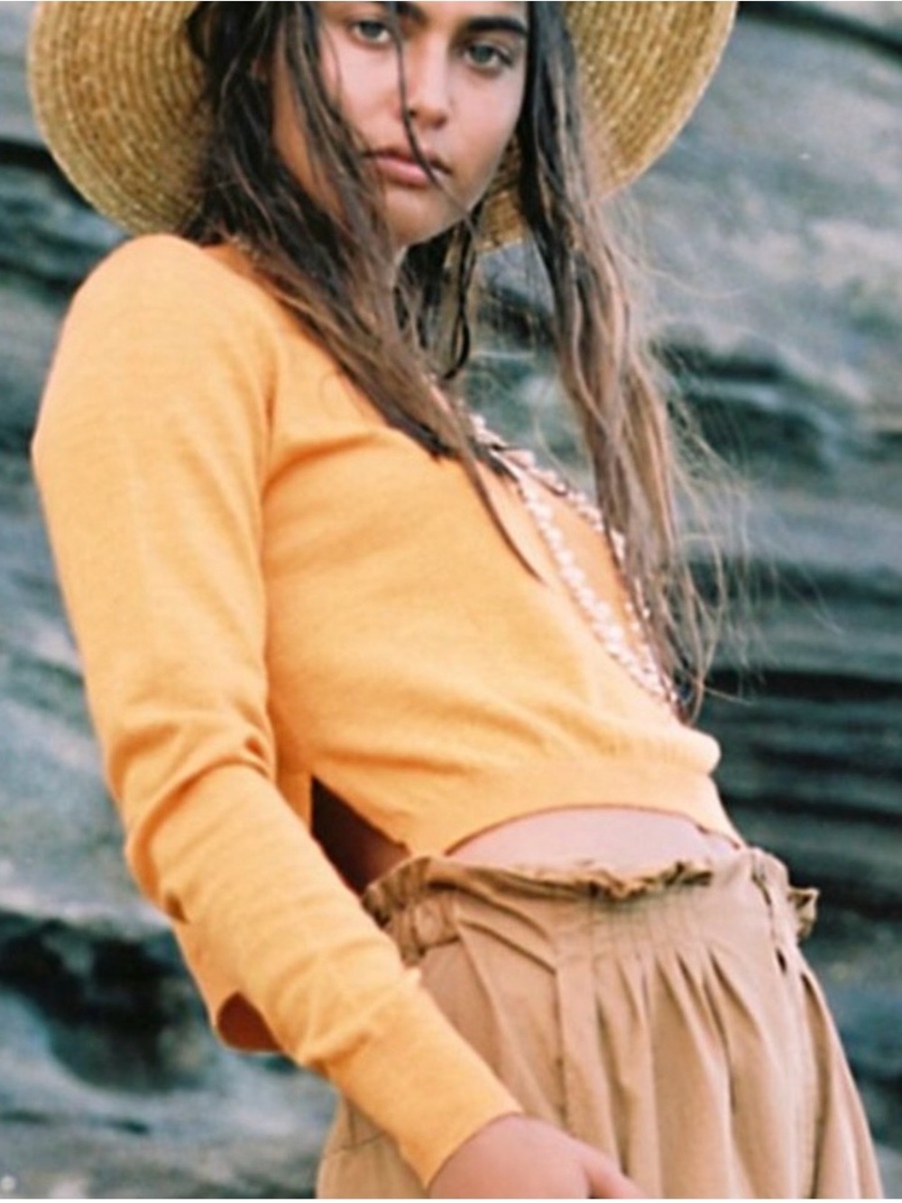 NWT Free People FP Beach Golden Orange Cropped Crewneck Sweater L